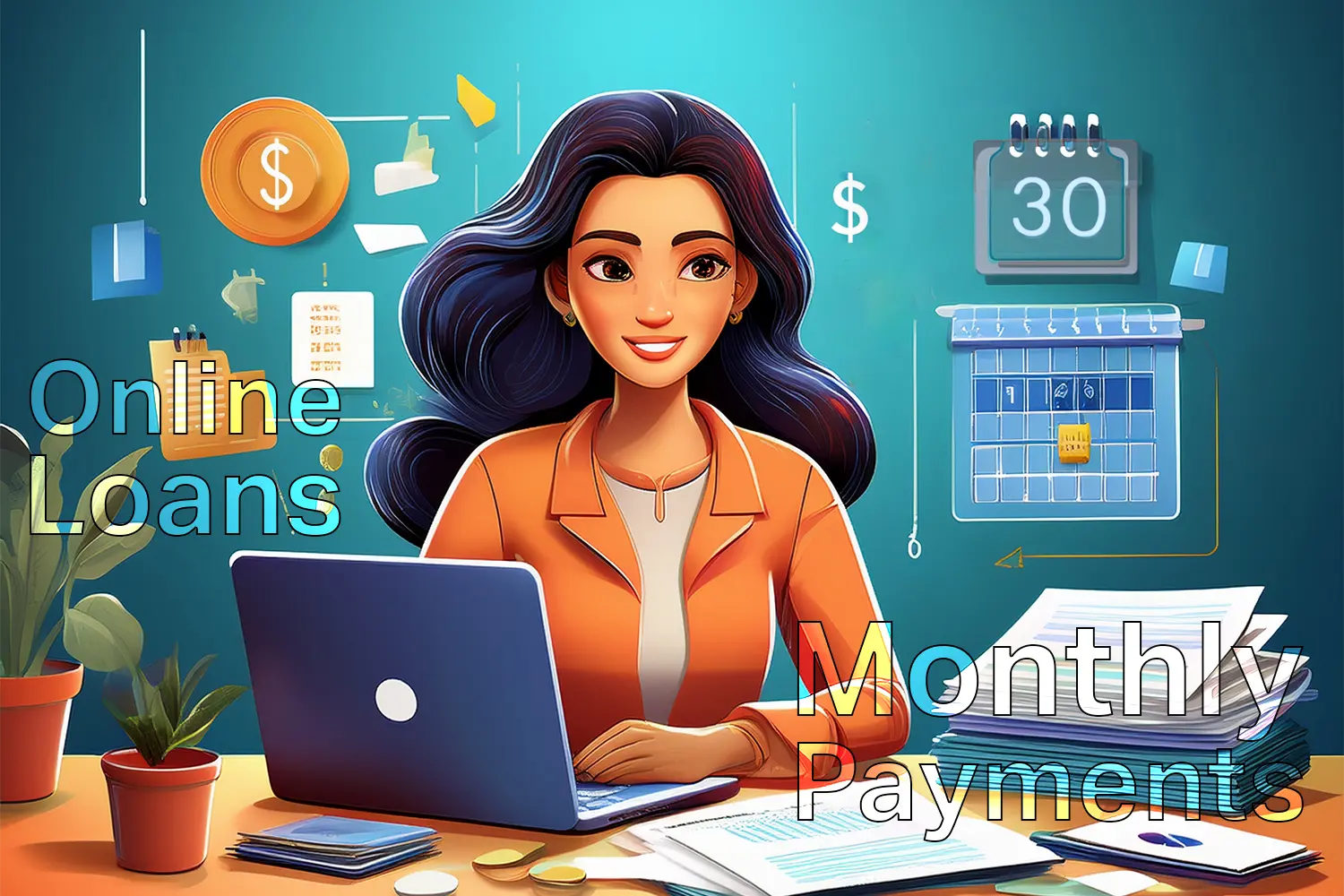 Illustration of a woman using a laptop to manage online loans with monthly payments, calendar and dollar symbols highlight predictable repayment.