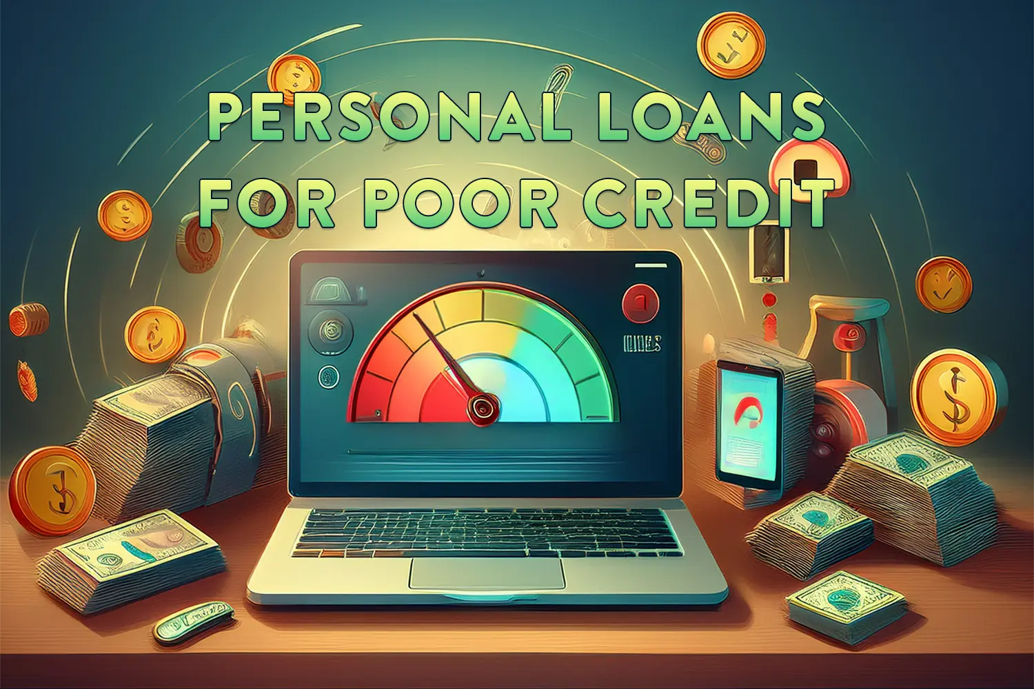 Illustration of a laptop showing a low credit score gauge surrounded by money and coins, representing personal loans for poor credit.