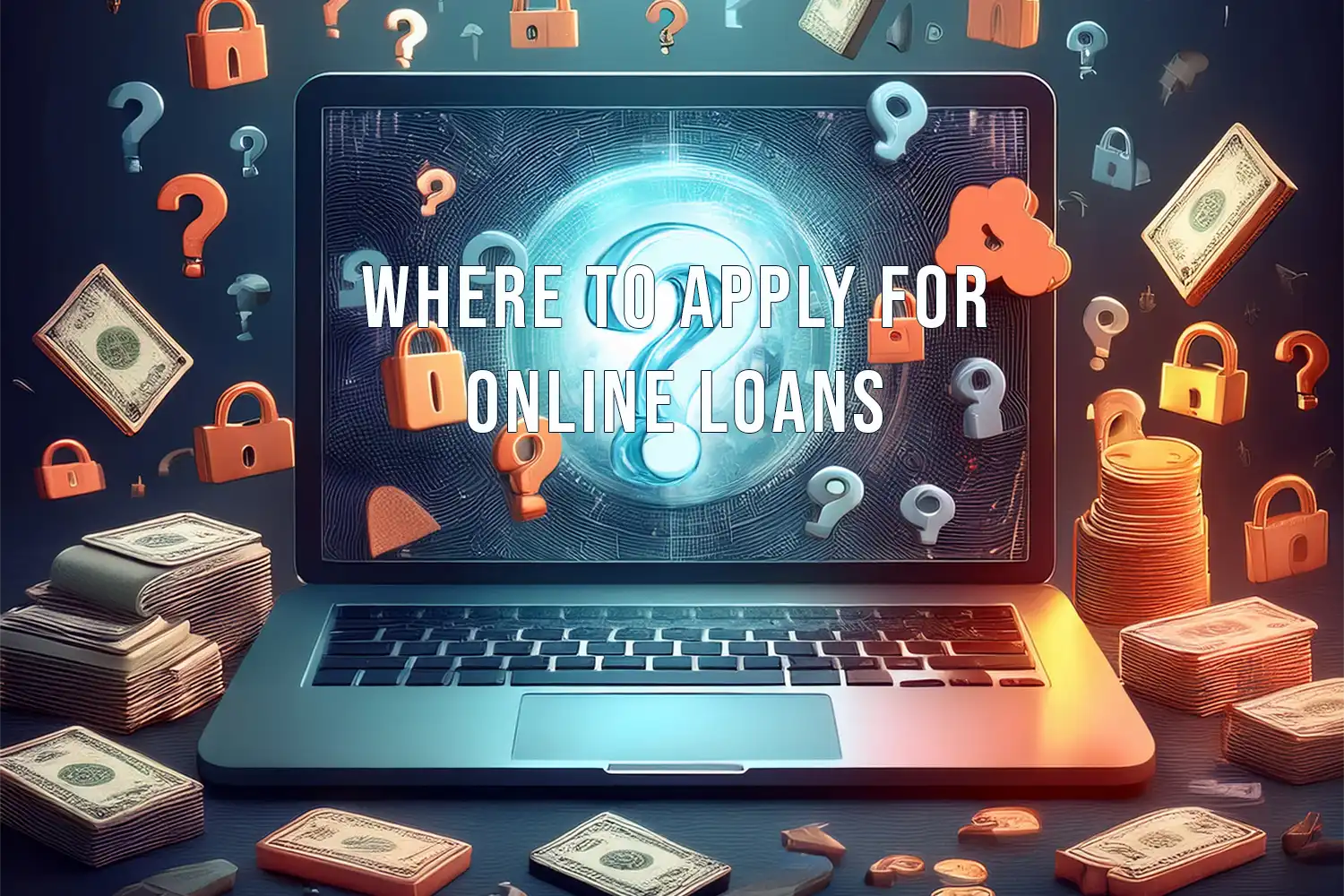 Laptop surrounded by floating dollar bills, coins, locks, and question marks, symbolizing security and options for where to apply for online loans.