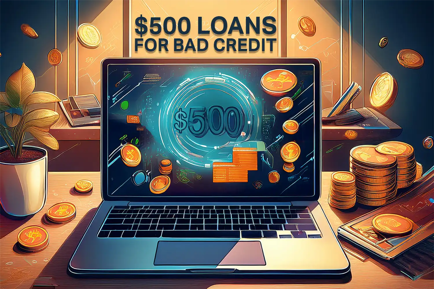 Laptop on a desk displaying a glowing $500 symbol, coins, and secure digital graphics with the headline “$500 Loans for Bad Credit,” representing an online lending guide.