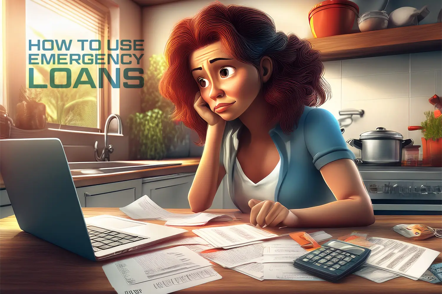 Worried woman sitting at a kitchen table with a laptop, calculator, and scattered bills, researching how to use emergency loans during a financial emergency.