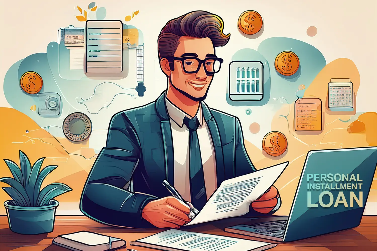 Illustration of a smiling professional reviewing a personal installment loan agreement at a desk with documents, laptop, and financial icons in the background.