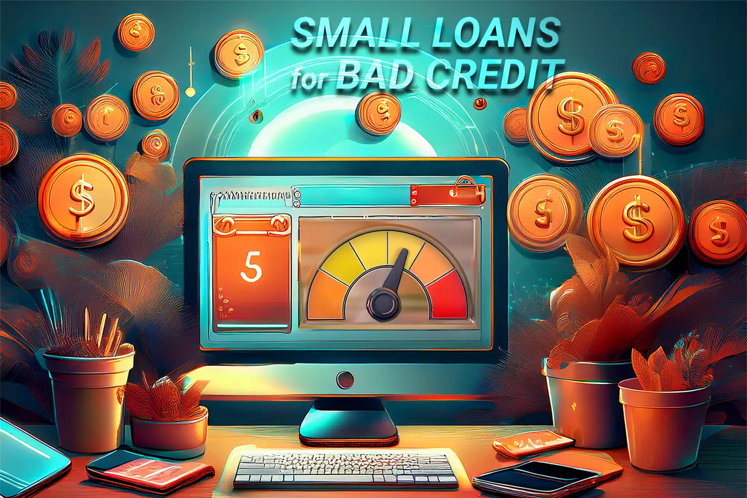 Digital illustration of small loans for bad credit with a computer screen showing a low credit score and dollar coins floating around.